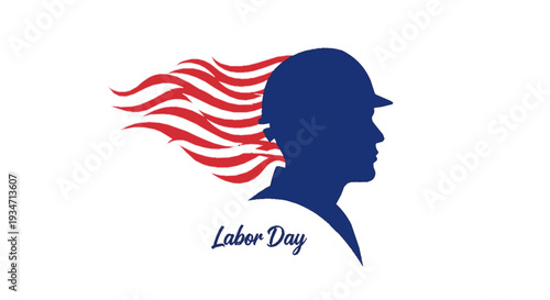 Labor day illustration featuring a worker silhouette with american flag waving from hair against a clean white background symbolizing