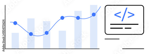 Data analysis, software development, coding, technology, business analytics, progress tracking. A graph with nodes and code snippet. Data analysis and software development concepts