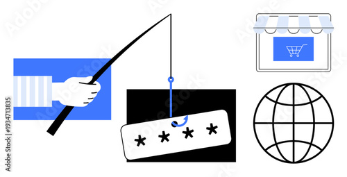 Online security, phishing threats, e-commerce safety, identity protection, digital fraud, global cyberspace. A hand holding a fishing rod with hooked password symbols, a shopping cart, and a globe