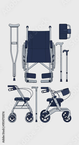 Essential Mobility Aids Collection Depicted In A Simple And Clean Vector Illustration