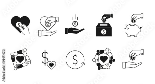 Donation and charity icons with heart.