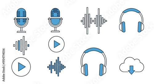 Blue podcasting equipment and symbols icons.