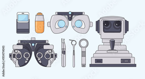 Essential Ophthalmic Equipment: A Vector Illustration of Optometry Tools and Diagnostics