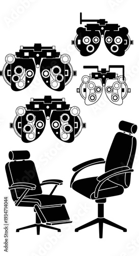 Essential Ophthalmic Equipment: Illustration Showcasing Eye Exam Tools and Patient Chairs for