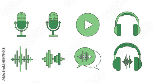 Green audio icons and symbols set.