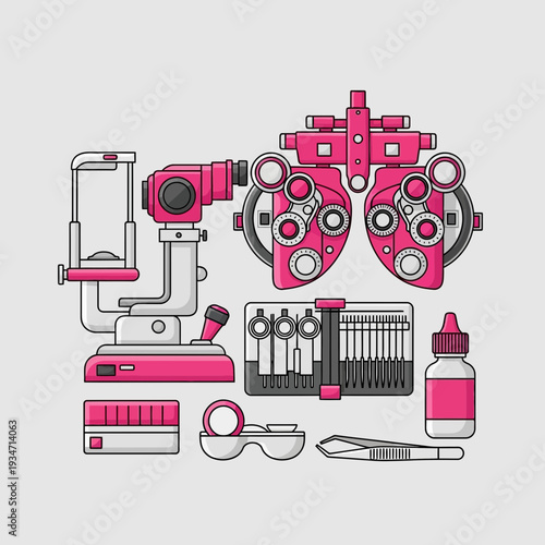Essential Ophthalmic Equipment: A Contemporary Vector Illustration Depicting Visual Testing