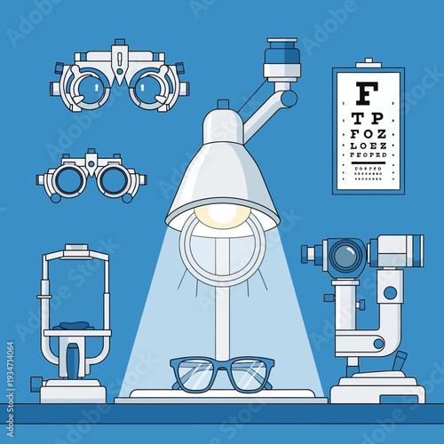 Essential Ophthalmic Equipment Arrangement Depicting Eye Examination and Vision Testing Instruments