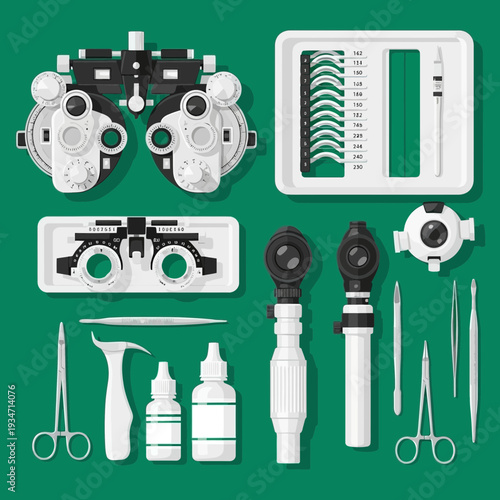 Essential Ophthalmic Instruments and Tools Arranged on a Green Backdrop for Vision Examination