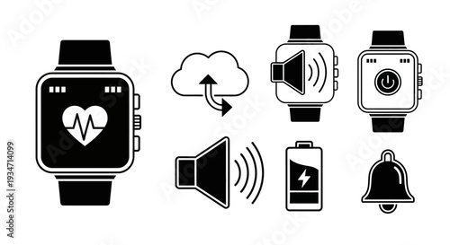 Smartwatch icons with various features displayed.