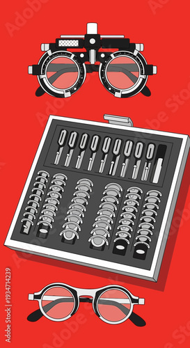 Essential Optometry Equipment Displayed: Visual Acuity Testing Instruments and Spectacles