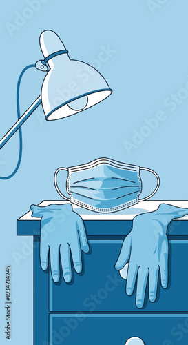 Essential Pandemic Protection: A Mask and Gloves Resting on a Surface Illuminated by a Lamp