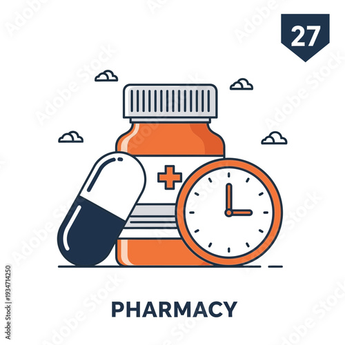 Essential Pharmacy Concepts Depicted: Pills, Bottles, And Time, Representing Healthcare Availability