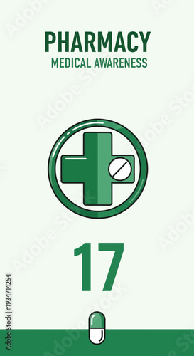 Essential Pharmacy Design: Medical Awareness with Pill Icon and Green Cross Symbol Illustration
