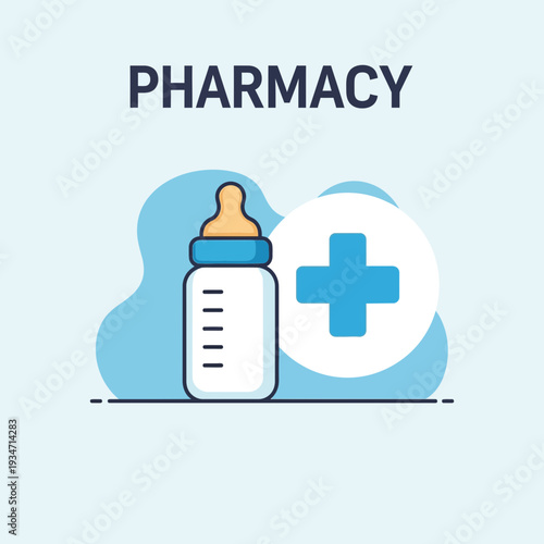 Essential Pharmacy Services Represented With Baby Bottle And Medical Symbol, Modern Design