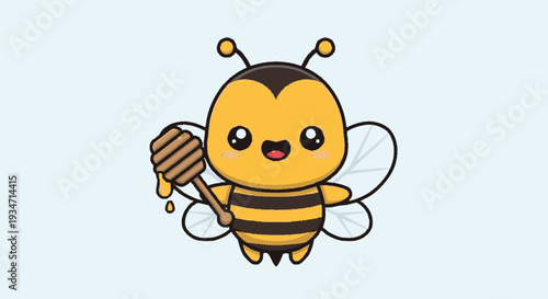 Cartoon bee holding honey dipper vector illustration for various uses
