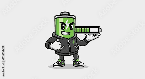 Cartoon battery character holding charge indicator isolated on white