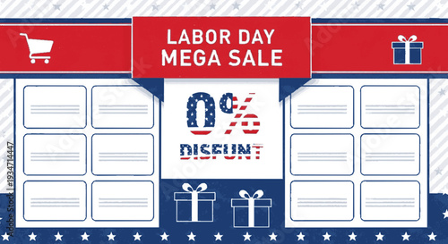 Labor day sale template with patriotic theme red white and blue color scheme shopping cart icon gift boxes and stars for festive promotion