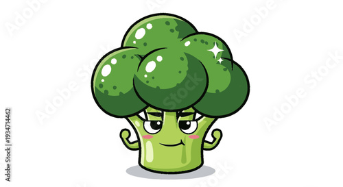 Cartoon broccoli character with confident expression and muscular arms