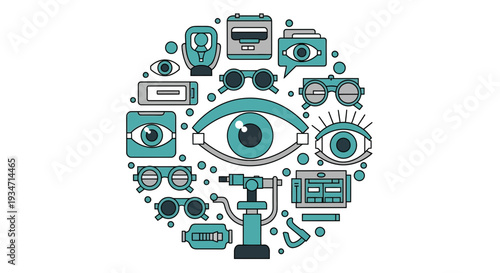 Eye Care Instruments Depicted In A Decorative Circle Arrangement on White Background