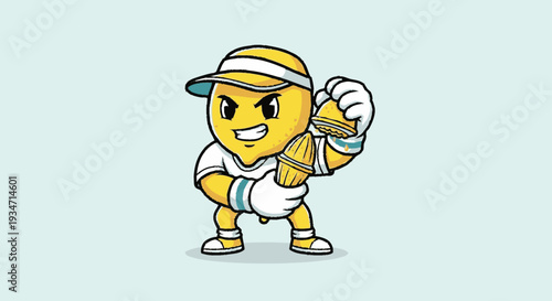 Cartoon lemon character in athletic pose holding juicer vector illustration