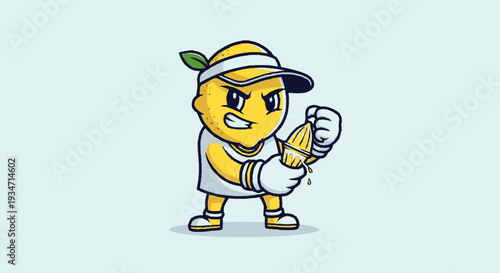 Cartoon lemon character squeezing juice with a determined expression