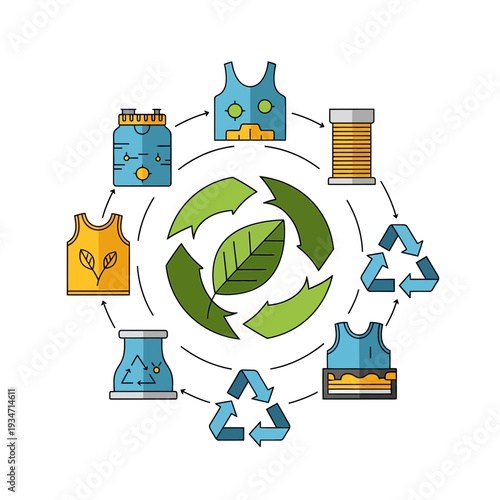 Sustainable clothing recycling process illustration with eco friendly elements