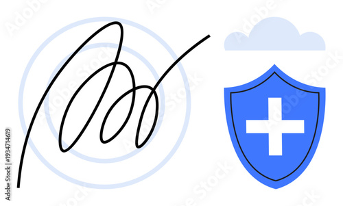 Digital security, healthcare data, cyber protection, authentication services, cloud systems, medical tech. A digital signature and a shield with a medical cross and cloud icon. Cyber protection