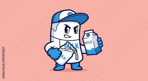 Cartoon milk carton character holding milk carton and pouch on pink