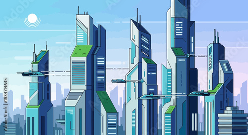 Futuristic cityscape with sleek skyscrapers and flying cars