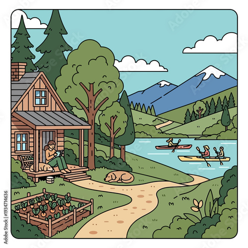 Peaceful cabin retreat by serene lake with kayakers