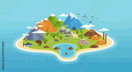 Vibrant island ecosystem with diverse wildlife and majestic mountains