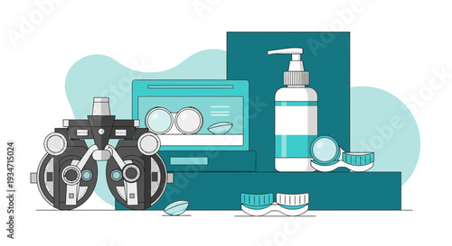 Eye Care Instruments And Contact Lens Solution For Vision Correction Illustrated