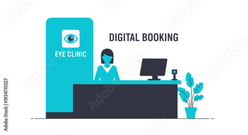 Eye Clinic Digital Booking Illustration Featuring Receptionist and Computer with Eye Logo