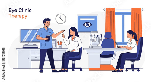 Eye Clinic Examination Depiction: Optometry Setting Featuring Patient Interaction, Illustration