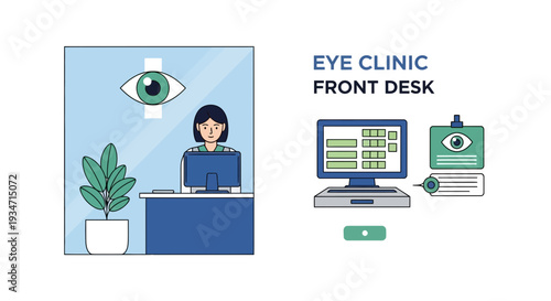Eye Clinic Front Desk Illustration Depicting Vision Care, and Reception of Patients