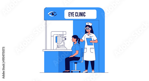Eye Clinic Examination Process: Doctor Assisting Patient with Vision Assessment