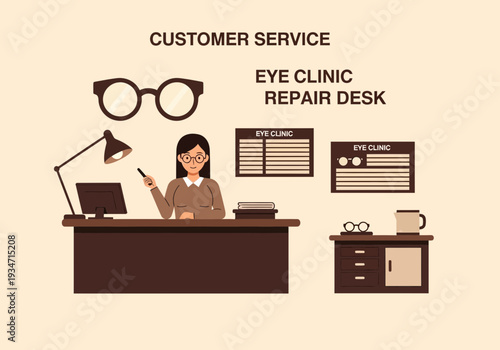 Eye Clinic Illustration Showcasing Customer Service and Vision Care in a Modern Setting