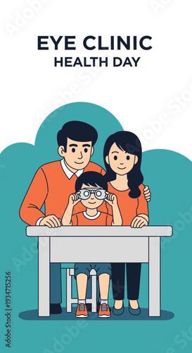 Eye Clinic Illustration Showcasing Family and Child's Vision Health, Promoting Checkups