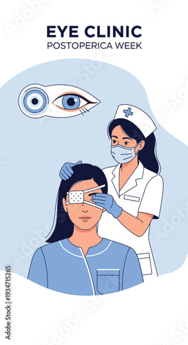 Eye Clinic Illustration Showcasing Post-Operative Care During Recovery Week for Patients