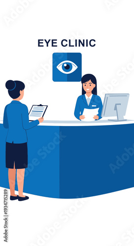 Eye Clinic Illustration Showcasing Receptionist and Patient Interaction for Healthcare Needs