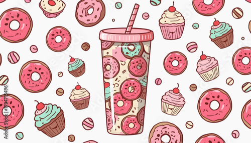 Funny tumbler vector illustration filled with floating donuts, cupcakes, ice cream swirls, pastel candy clouds, cheerful facial expressions on desserts