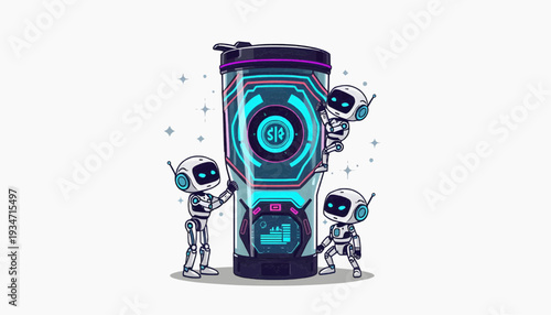 Unique futuristic tumbler vector illustration featuring small friendly robots assembling the tumbler