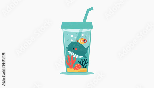 Charming tumbler vector design with transparent ocean world inside, smiling whale, tiny submarine, coral reef details, soft turquoise and coral color palette