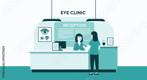 Eye Clinic Reception: Patient Check-In And Interaction With The Receptionist Inside The Office