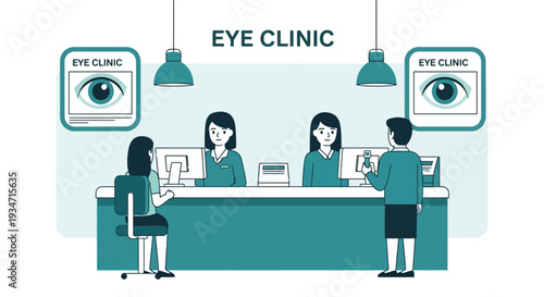 Eye Clinic Reception: Patient Check-In And Staff Interaction Illustration