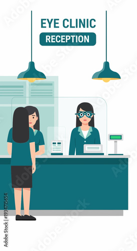 Eye Clinic Reception Scene Depicting Patient Interaction And Modern Medical Facility Ambiance