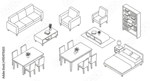 Isometric line drawing of various furniture pieces for interior design.