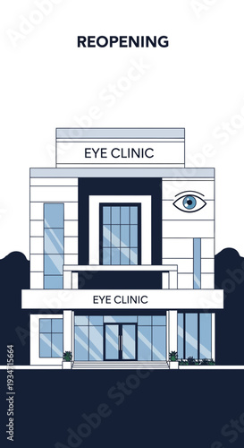 Eye Clinic Reopening Illustration Depicting Modern Architectural Design and Eye Health Services
