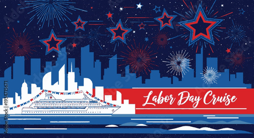Luxury cruise ship sailing through city skyline on labor day with fireworks exploding in the night sky
