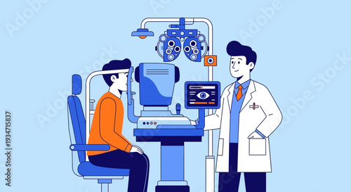 Eye Doctor Examines Patient's Eyesight With Advanced Optometry Equipment for Better Vision